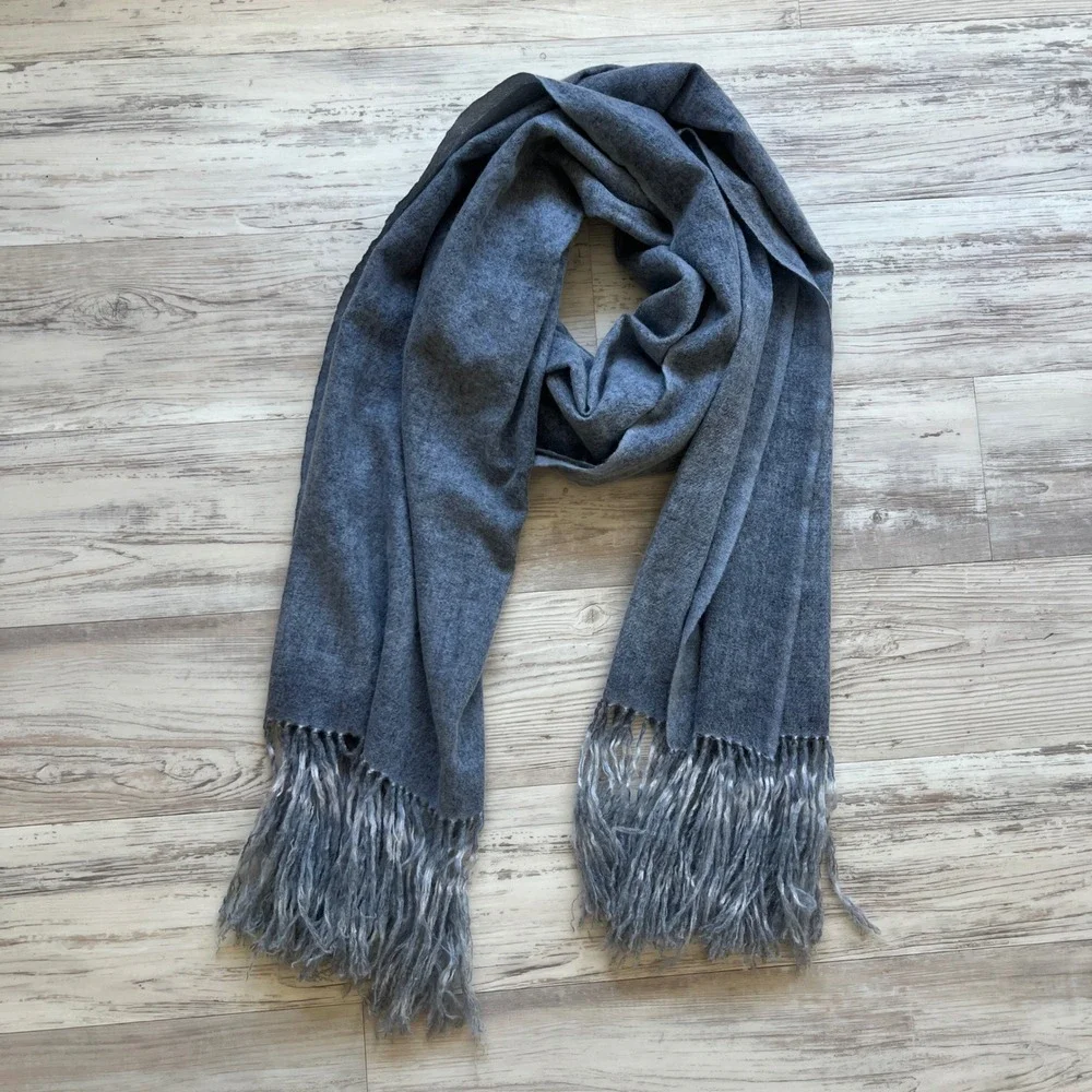 Ottotredici 100% Cashmere Scarf Gray Fringe Trim Solid Wrap Shawl Made in Italy